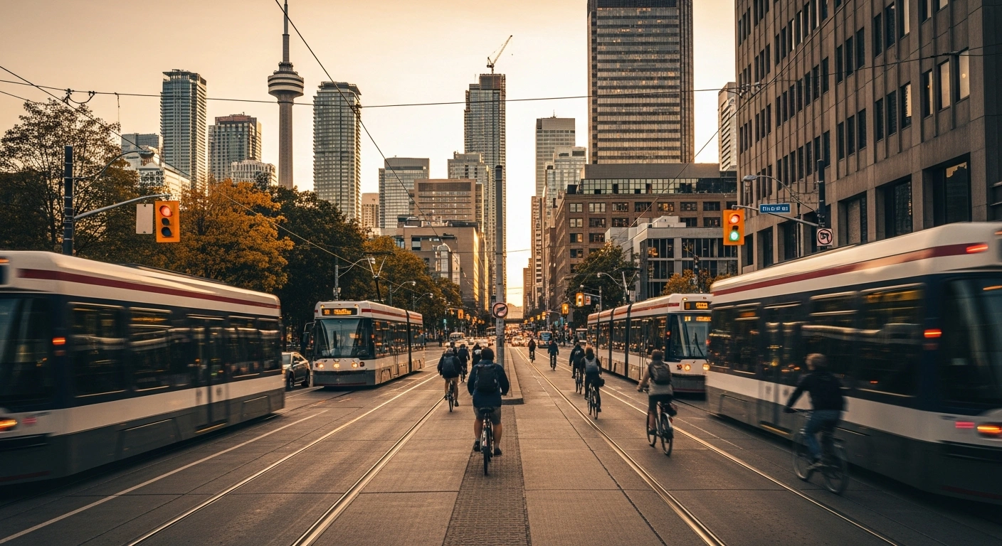 A busy Toronto street scene showing organized traffic, public transit, and pedestrians as part of the city's mobility plan for the 2026 FIFA World Cup.