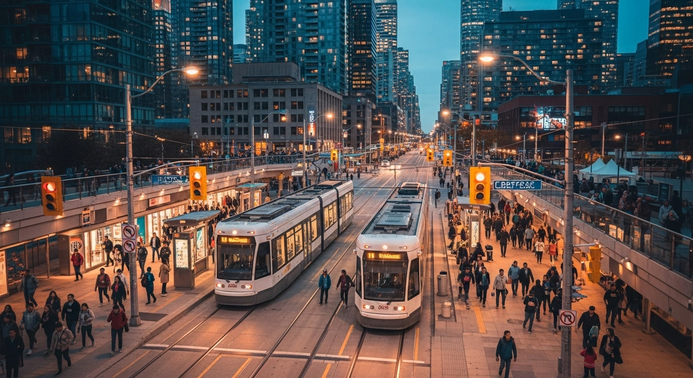 A wide-angle view of a busy Toronto street during the 2026 FIFA World Cup featuring enhanced public transit and pedestrian safety measures.