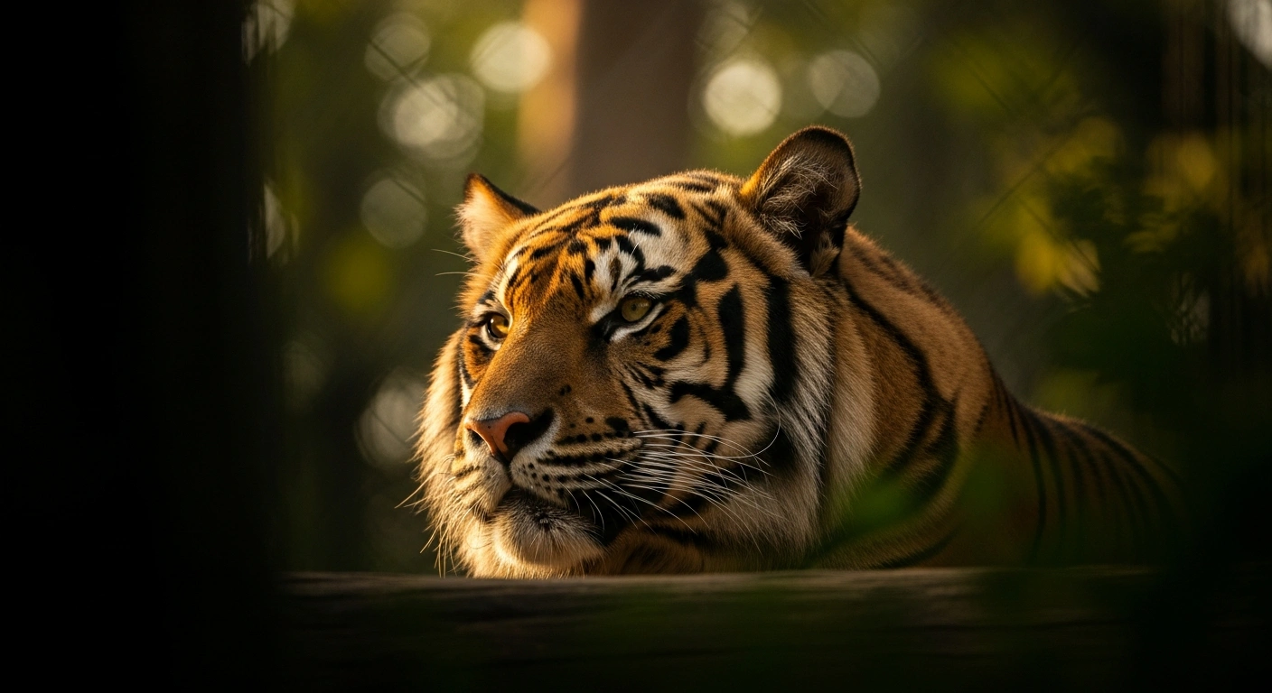 A majestic but aged 17-year-old Sumatran tiger named Hari, who was euthanized by the Toronto Zoo due to advanced kidney failure and other health complications, rests peacefully in a naturalistic enclosure, bathed in soft, golden light.