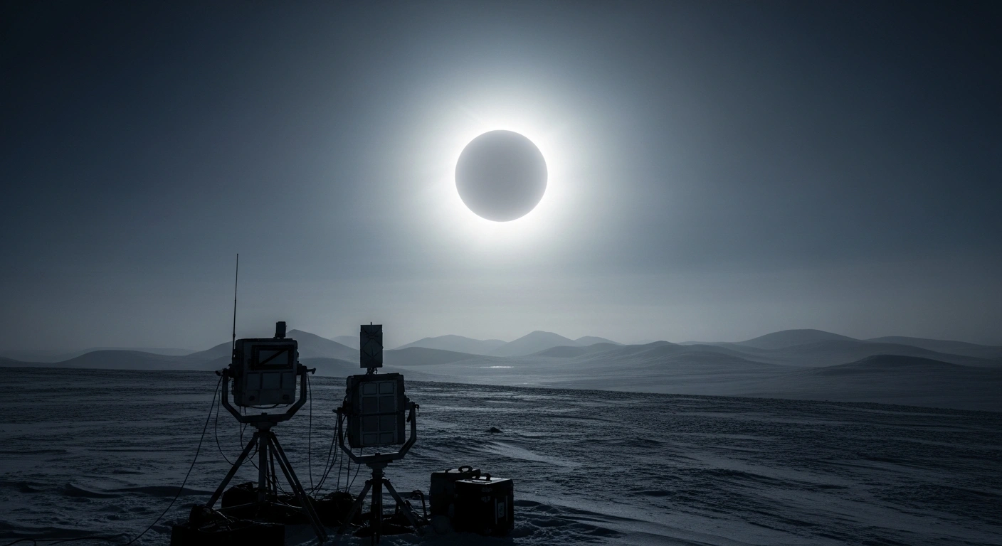 A total solar eclipse illuminates the sky above the remote, snow-covered Arctic landscape of northern Siberia during a scientific observation mission.