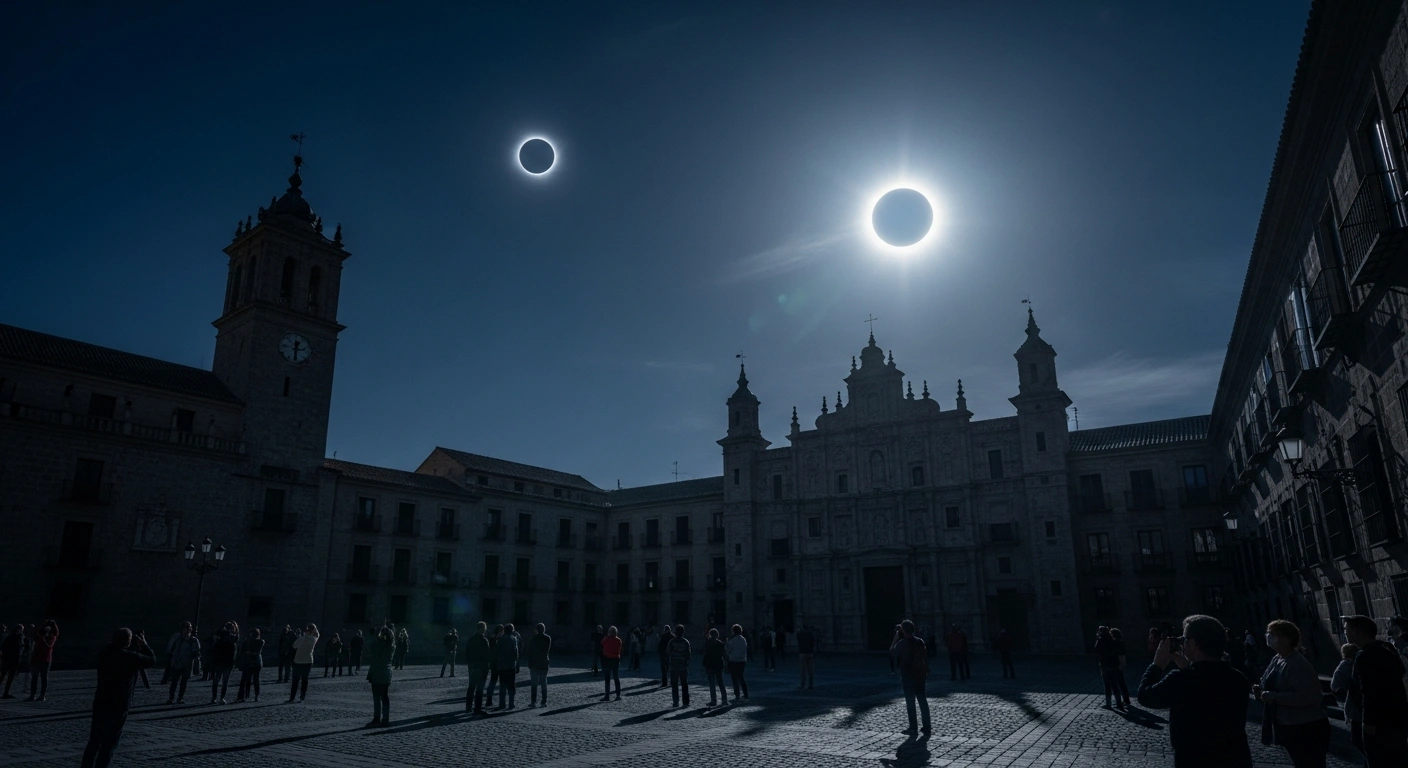 A crowd of people in a Spanish plaza watches as the moon completely obscures the sun during a rare total solar eclipse.