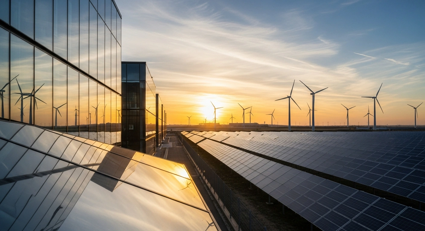 A modern data center building, illuminated by the warm glow of a setting sun, stands in a Spanish landscape with rows of solar panels and tall wind turbines providing renewable electricity, symbolizing the partnership between TotalEnergies and Data4.