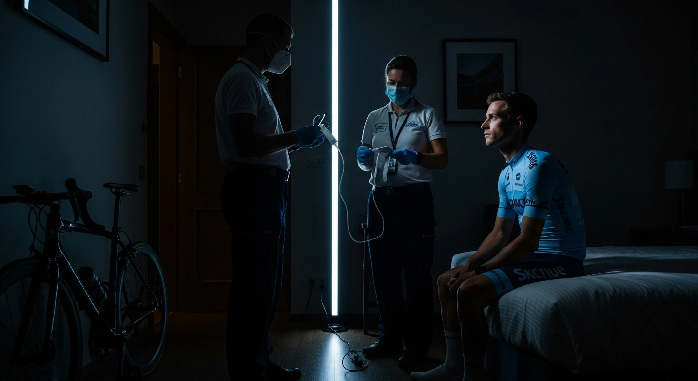 A professional cyclist undergoes a surprise night-time doping control conducted by an official in a hotel room during the Tour de France.