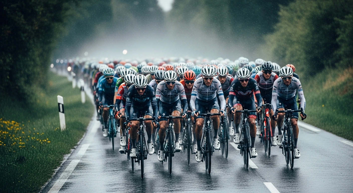 A group of professional cyclists rides through a rain-soaked road during the 11th stage of the Tour de France.