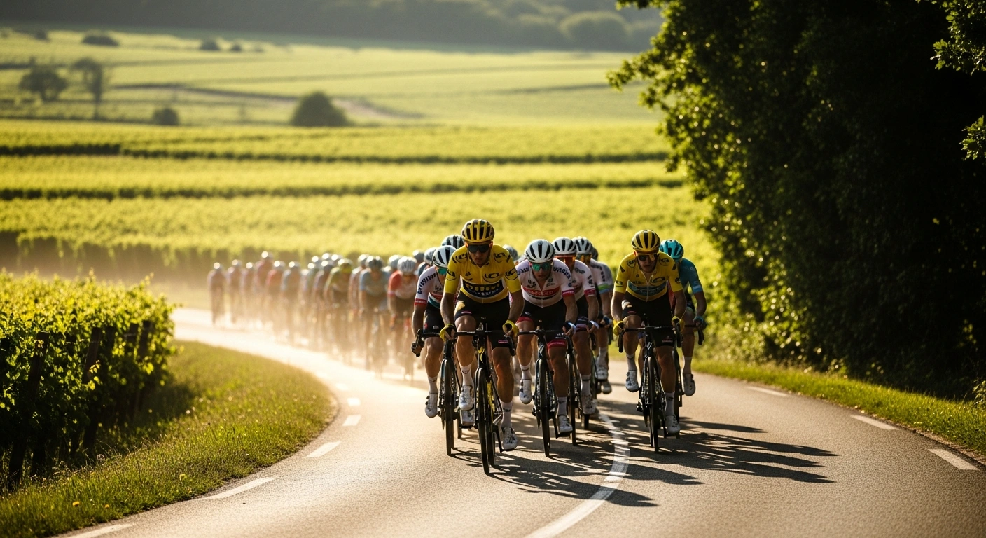 Tadej Pogačar leads the professional cycling peloton through the Dordogne countryside during Stage 8 of the 2026 Tour de France.