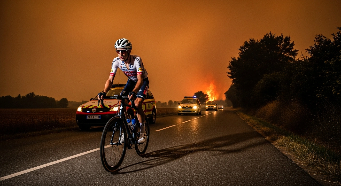 A professional cyclist rides along a road in France as emergency vehicles are stationed nearby to assist with wildfire response efforts.