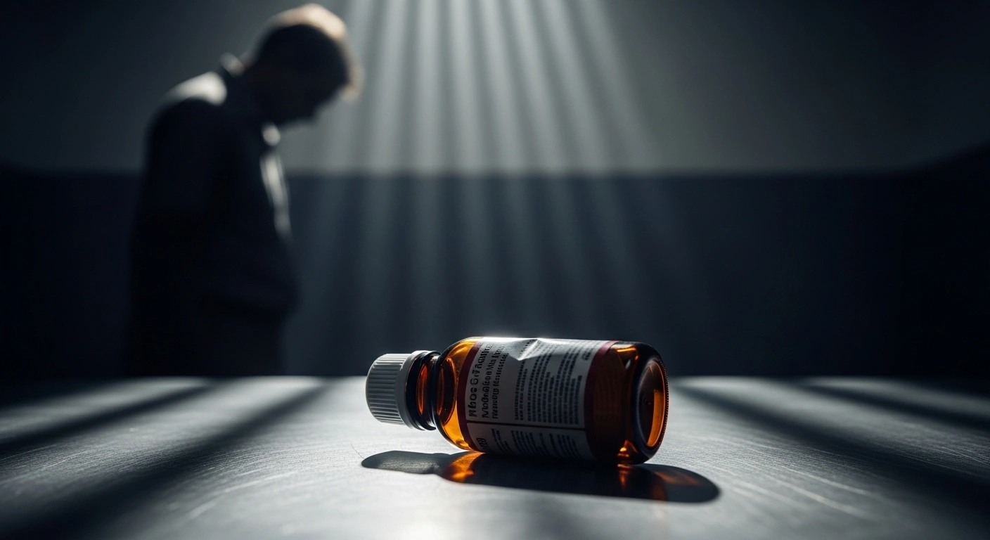 A generic, slightly crumpled cough syrup bottle lies on a cold, metallic surface, symbolizing the toxic Coldrif cough syrup contaminated with diethylene glycol that led to the deaths of 14 children in Madhya Pradesh, resulting in a doctor's arrest and a ban on the product from Sresan Pharmaceuticals.