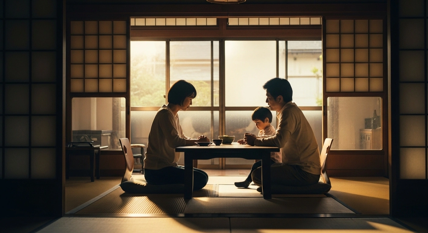 A Japanese family, including a parent and child, is depicted in a softly lit traditional home, gathered around a low table, engaging in quiet communication without smartphones, reflecting Toyoake City's recommendation to limit daily smartphone use for family interaction.