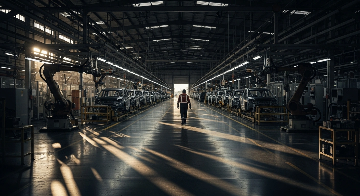 A lone worker walks through a quiet, empty Toyota manufacturing facility in Argentina during a workforce reduction period.