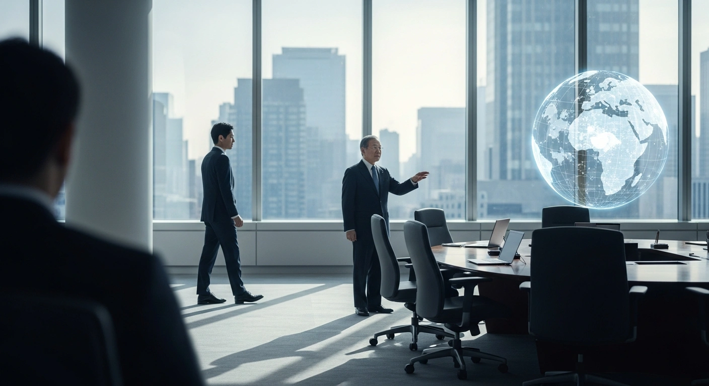 Kenta Kon, the new President and CEO of Toyota, stands confidently in a modern, sunlit corporate boardroom, while Koji Sato, transitioning to Vice Chairman and Chief Industry Officer, gestures towards a holographic globe, symbolizing the company's significant executive leadership changes.