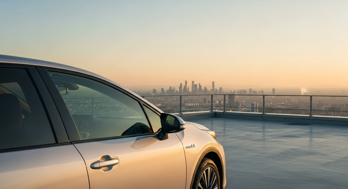 A sleek, modern Toyota hybrid vehicle is parked on a high-rise rooftop overlooking a bustling global city at golden hour, symbolizing Toyota Motor Corporation's raised full-year net profit forecast for fiscal 2025 due to robust global demand for hybrid vehicles and strategic cost reductions.