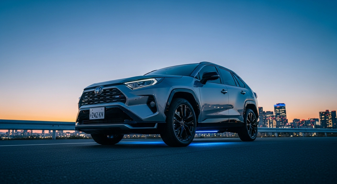 A new Toyota RAV4 Plug-in Hybrid Electric Vehicle GR SPORT variant is depicted at twilight on a futuristic road in Japan, showcasing its powerful 242 kW output, extended 150 km EV range, and external power supply feature.