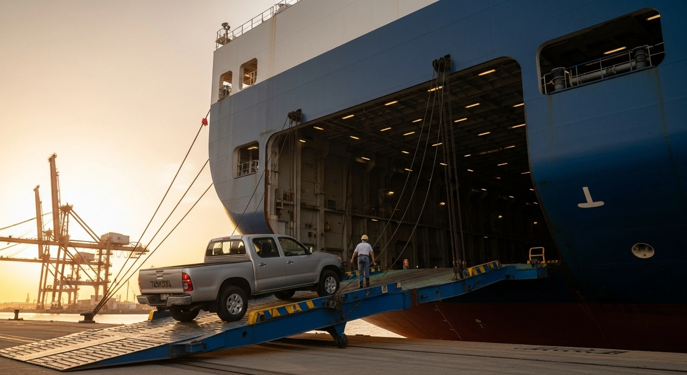 A golden hour scene at a bustling industrial port shows a gleaming American-made Toyota pickup truck being driven onto a large cargo ship, symbolizing the export of US-manufactured vehicles to Japan to address the US-Japan trade deficit.