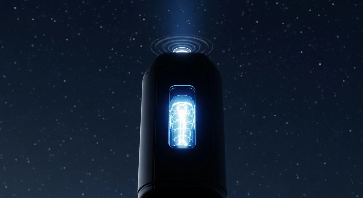 A compact, dark, futuristic high-power microwave weapon, developed by Chinese scientists, emits a subtle blue energy glow as it is aimed towards a star-filled night sky, symbolizing its capability to deliver 20 gigawatts of power to counter low Earth orbit satellites like Starlink.