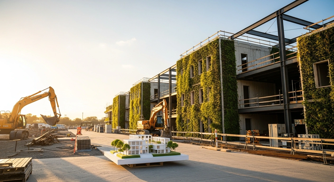 A modern construction site featuring sustainable infrastructure and green technology integration funded by a European Union grant for Trace Group Hold.