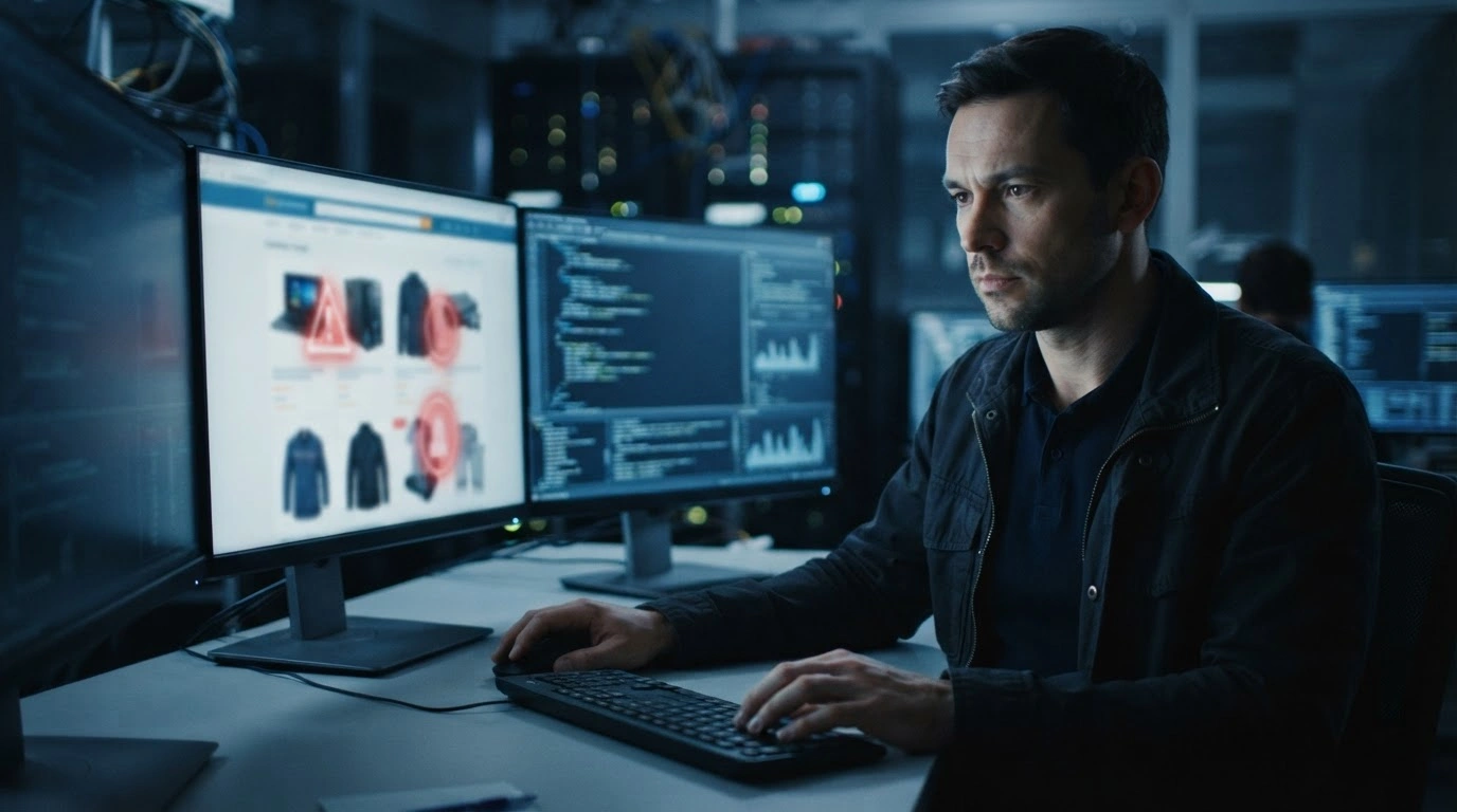 A French police investigator monitors online marketplaces on computer screens to identify and track stolen goods listed for sale.