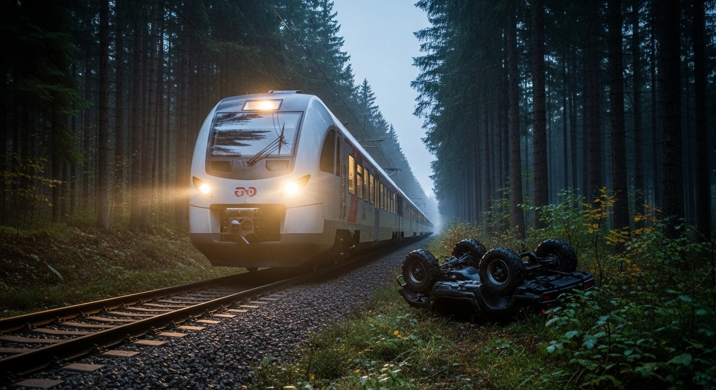 A modern passenger train is stopped in a dense forest at twilight, with an overturned ATV visible near the tracks, depicting the aftermath of a collision between a train and an ATV that caused no injuries but disrupted services.