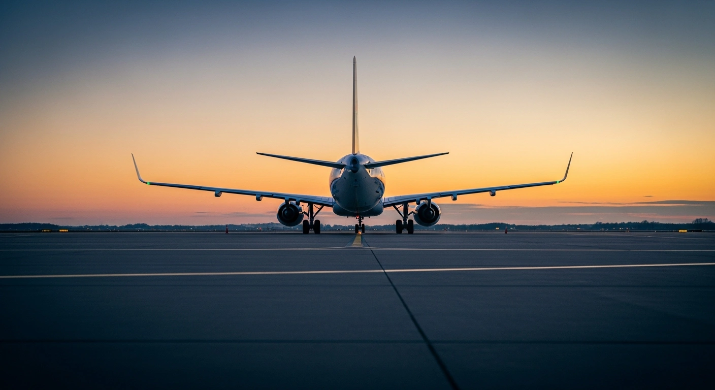 A solitary Dutch low-cost airline jet is grounded on an empty tarmac at dusk, reflecting an ominous sky, symbolizing Transavia's cancelled flights between Amsterdam and Dubai due to geopolitical tensions over Iranian, Iraqi, and Israeli airspace.