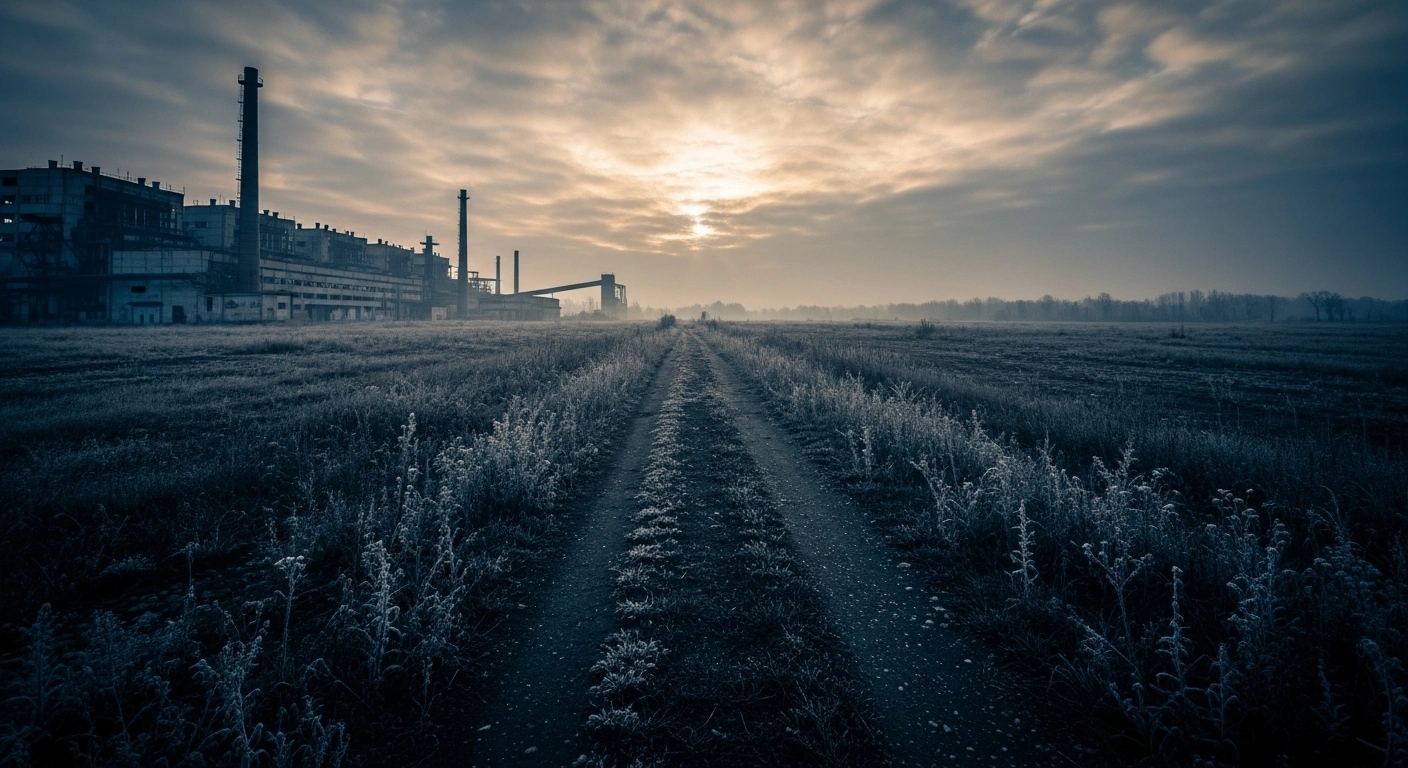 A desolate industrial landscape in Transdniestria at dawn signifies the end of the region's long-standing state of economic emergency.
