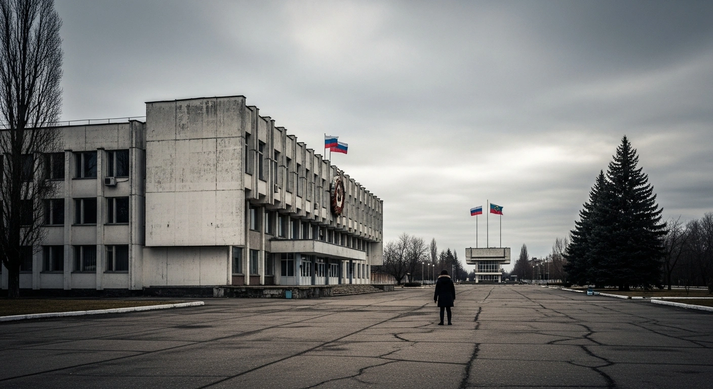 A somber view of a government building in the breakaway region of Transnistria representing the new Russian citizenship decree for local residents.