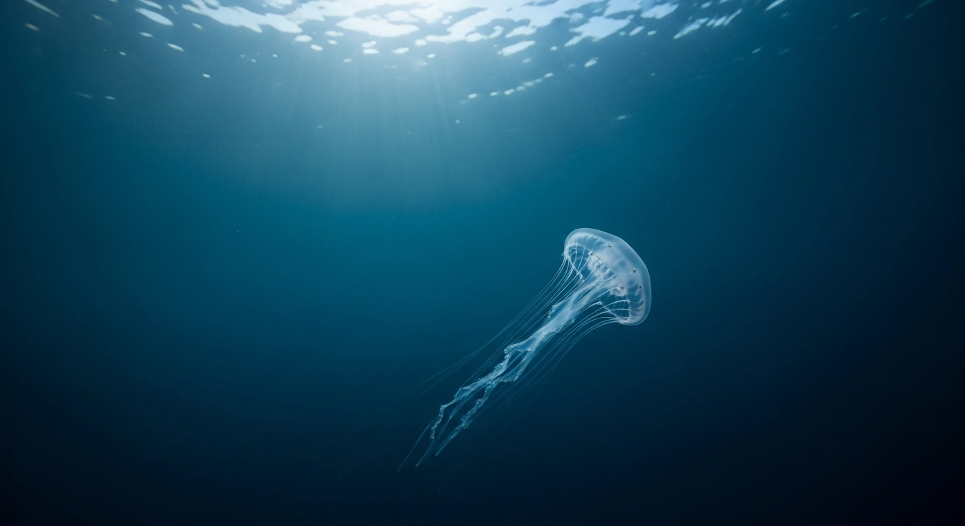 A transparent, jellyfish-mimicking bionic robot, nicknamed the 'Underwater Phantom,' is subtly illuminated in a deep blue underwater environment, showcasing its near-invisible design for stealth surveillance developed by Chinese researchers.