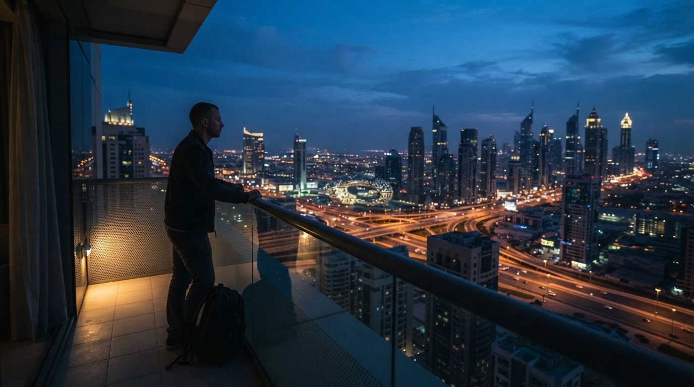 A traveler observes a modern Middle Eastern city skyline at twilight, reflecting the Australian government's updated travel advisory for the United Arab Emirates and Qatar.