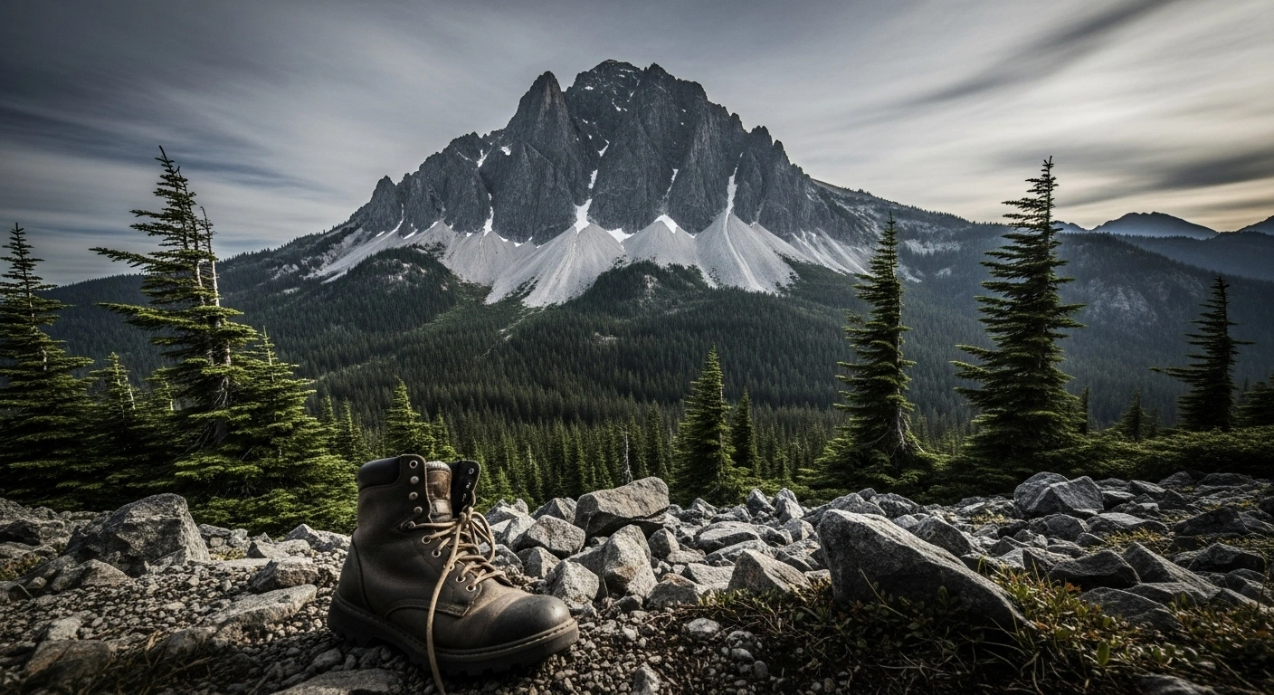 A desolate, rugged mountain landscape under an overcast sky, with a tattered boot partially visible among rocks and sparse vegetation in the foreground, representing the discovery of human remains, preliminarily identified as Travis Decker, on Grindstone Mountain in Washington.