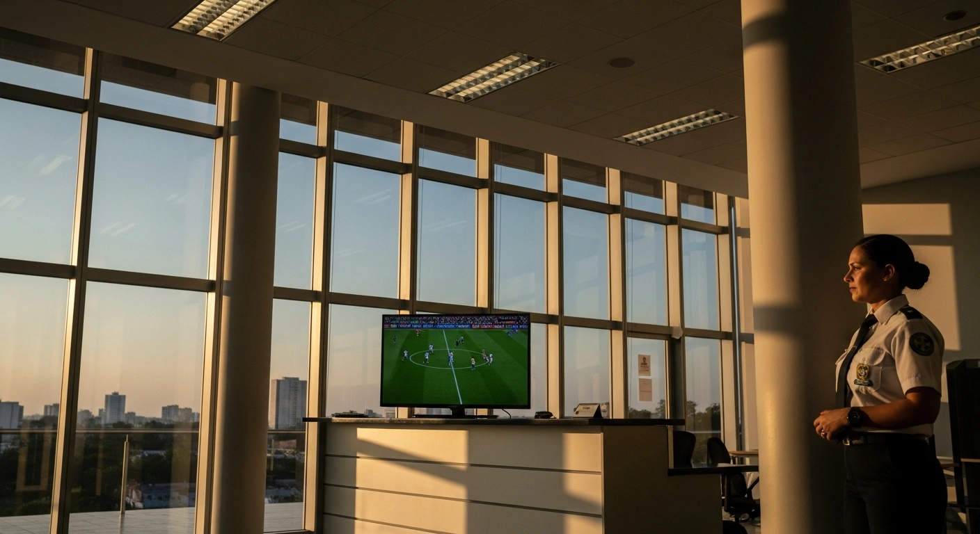 A government official stands in the lobby of the Regional Electoral Court of Mato Grosso do Sul while a Brazil national football team match plays on a television screen during the 2026 FIFA World Cup.