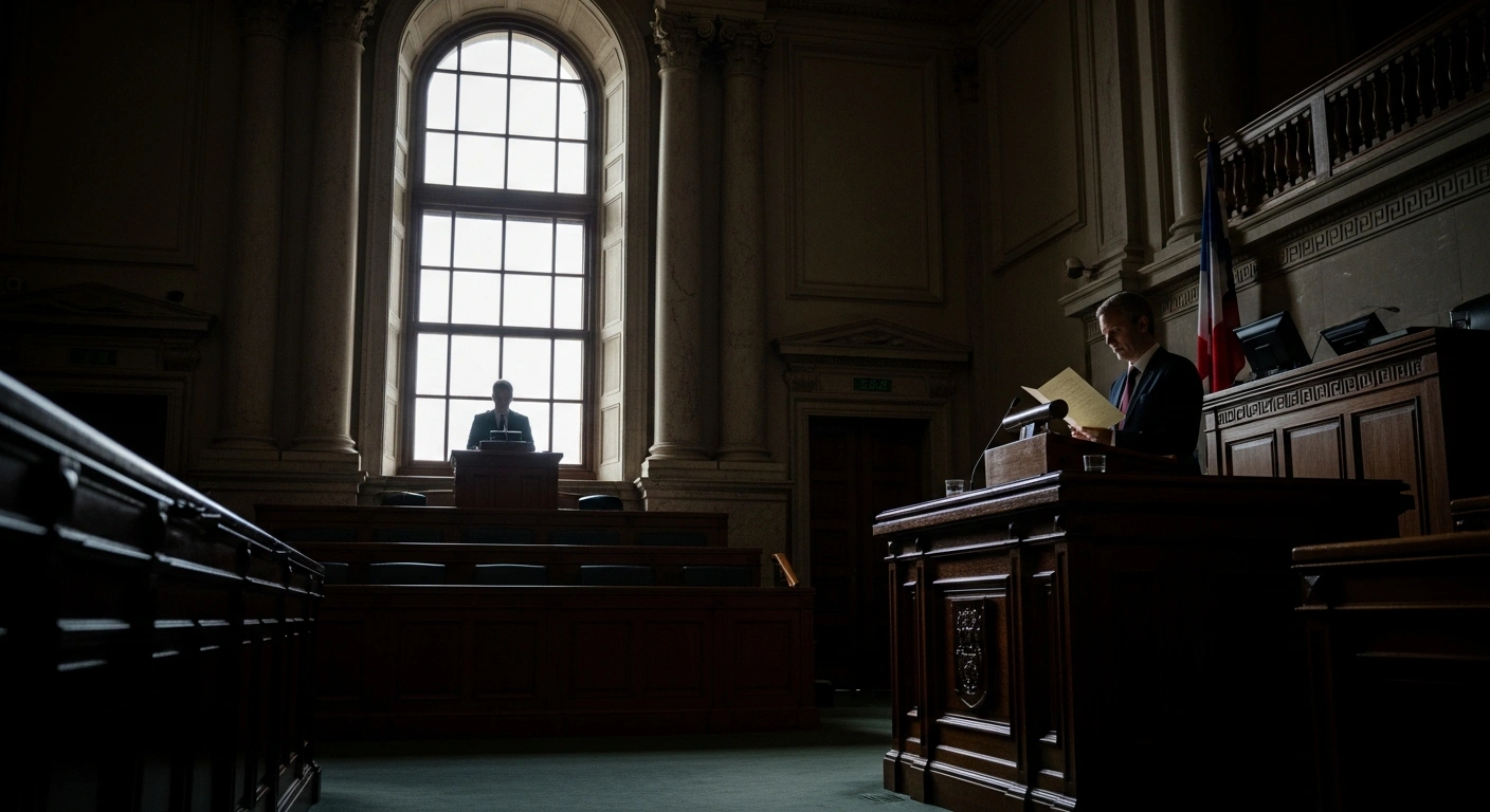 A lone figure, representing Treasurer Jim Chalmers, stands at a polished wooden podium in a grand parliamentary chamber, illuminated by a spotlight as they present a document for the Treasury Laws Amendment Bill 2026, which aims to adjust superannuation tax concessions and boost low-income offsets.