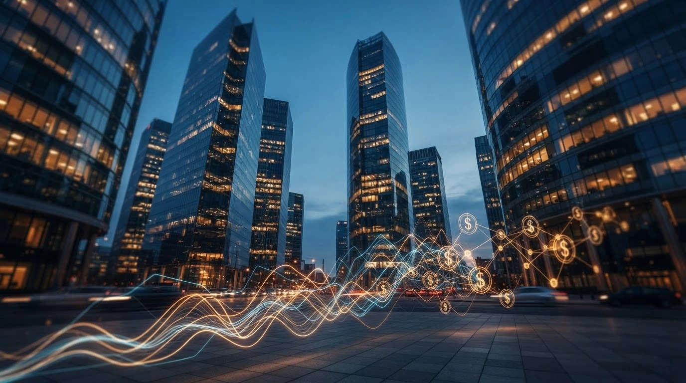 A digital visualization of the U.S. Treasury debt buyback program shows glowing financial data streams flowing through a modern, abstract market landscape.