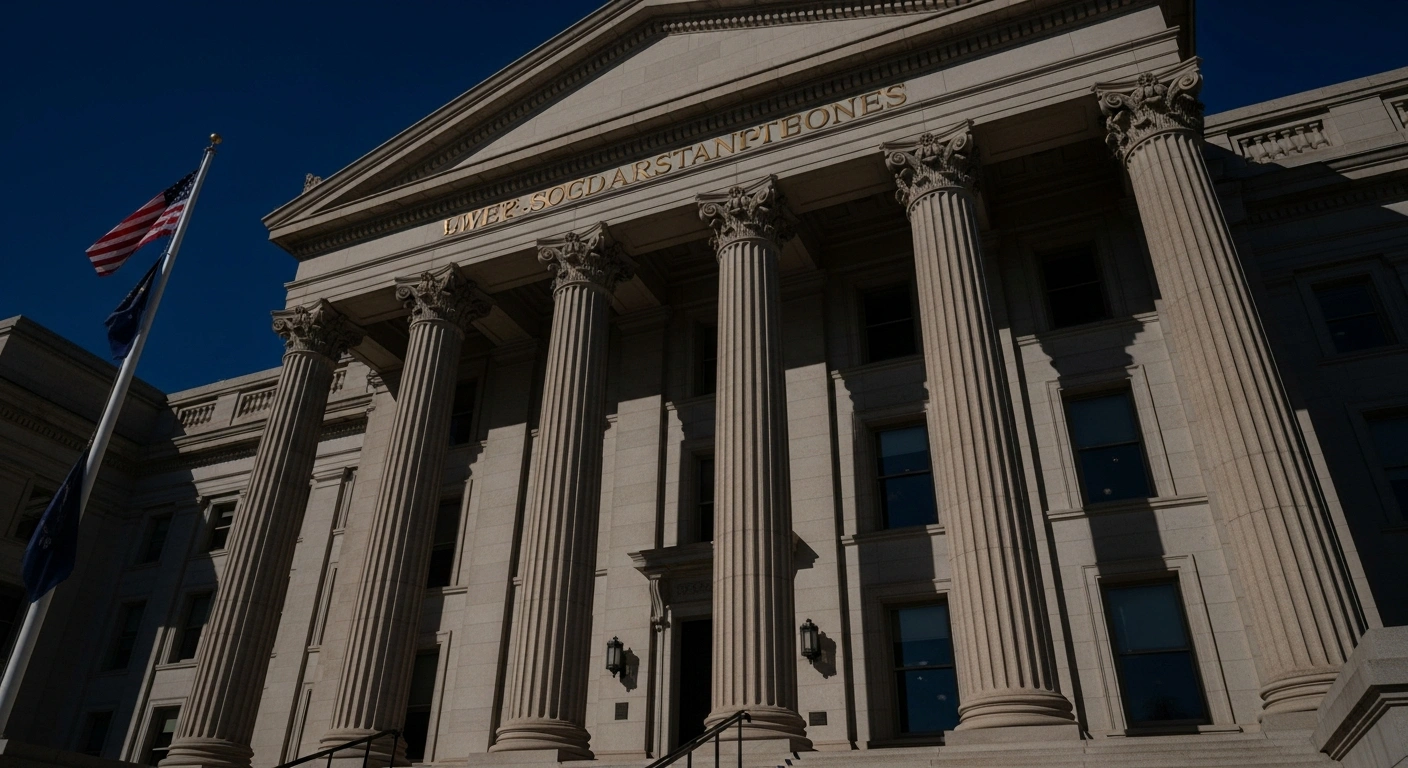 A dramatic, low-angle shot of a neoclassical government building at twilight, illuminated by harsh, directional lighting, symbolizing the U.S. Treasury's new initiatives, including an IRS task force and FinCEN investigations, to combat government benefits fraud in Minnesota and safeguard taxpayer dollars.