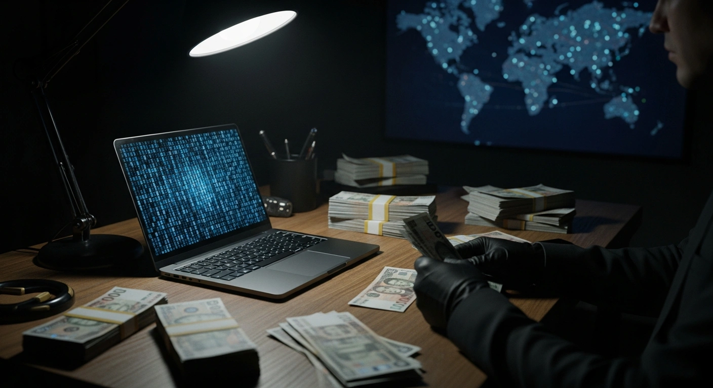 A pair of gloved hands counts stacks of foreign currency on a wooden desk, illuminated by a harsh overhead light, with an encrypted laptop and a map with pinpoints in the background, representing a money laundering network sanctioned by the U.S. Treasury Department for supporting the Venezuelan terrorist organization Tren de Aragua (TdA) and engaging in drug trafficking and human smuggling.