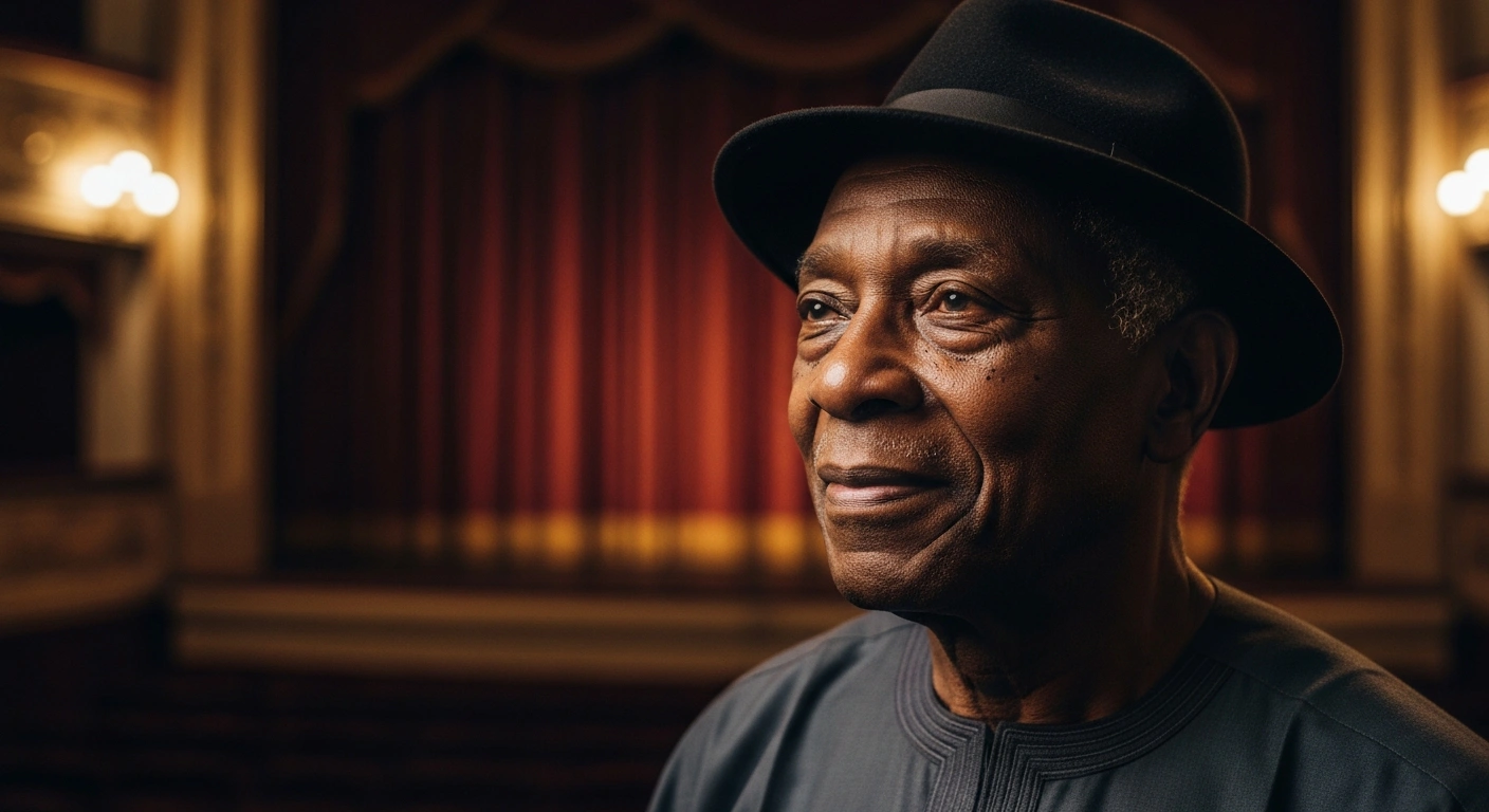 A dignified portrait of the late Nigerian actor and academic Kola Oyewo, set against a theatrical background to honor his legacy in the arts.