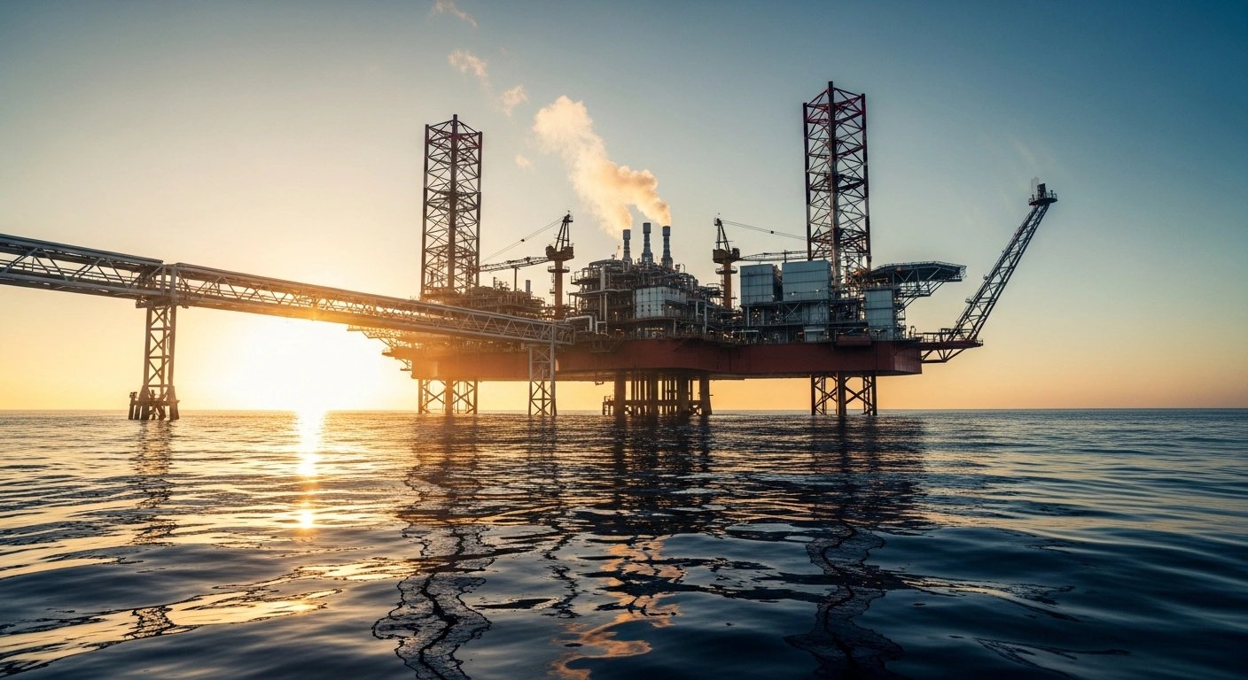 A large offshore oil platform stands in the ocean during sunset as Trident Energy expands its operations into the Republic of Congo.