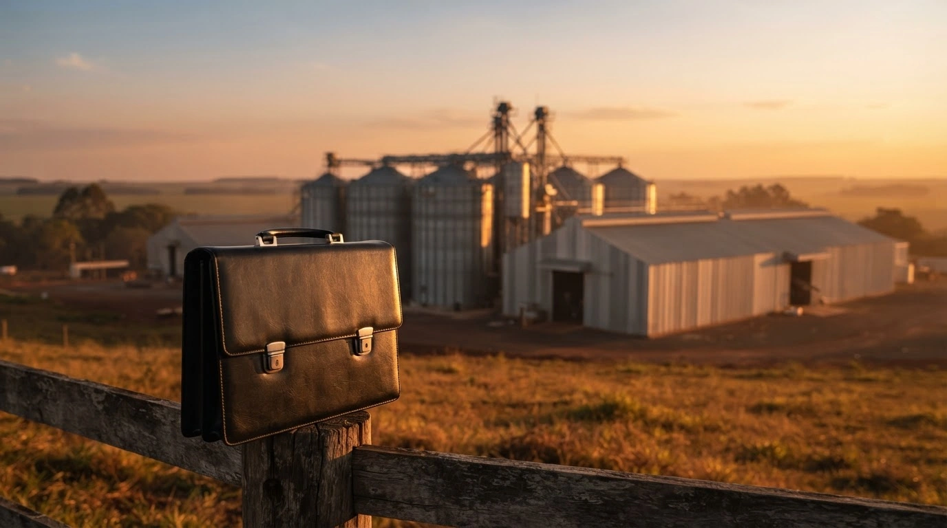A professional briefcase sits in front of a large Kepler Weber agricultural grain storage facility as Trígono Capital adjusts its equity stake in the company.