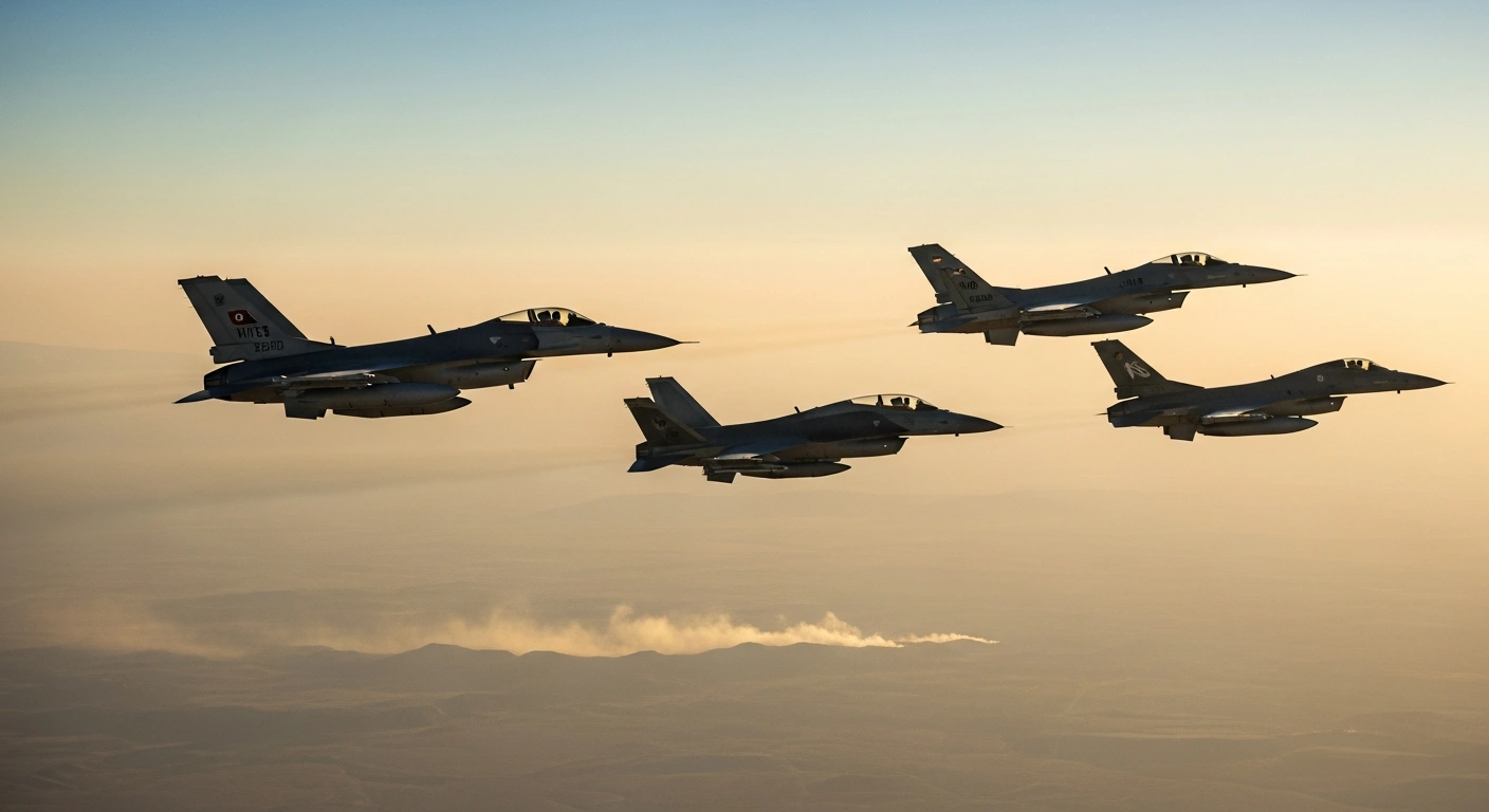 Three military fighter jets representing Saudi Arabia, Turkey, and Pakistan fly in formation over a desert landscape to symbolize regional defense cooperation.