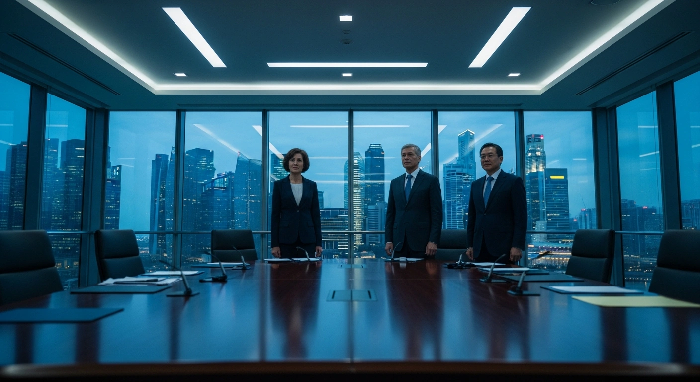 The defense ministers of Japan, Australia, and New Zealand stand together in a conference room in Singapore to discuss regional security cooperation.