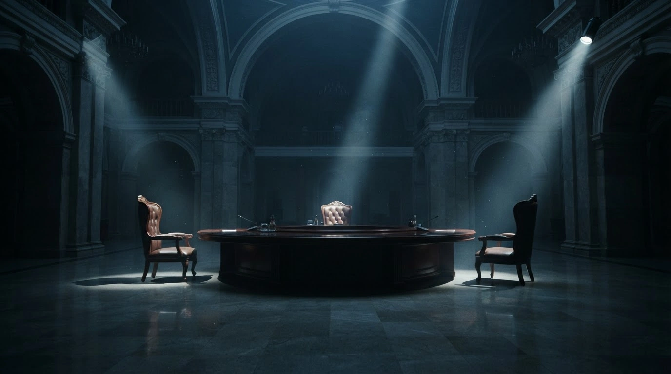 Three empty chairs sit around a large circular table in a dark, grand hall, representing the potential for trilateral diplomatic talks between Russia, the United States, and China.