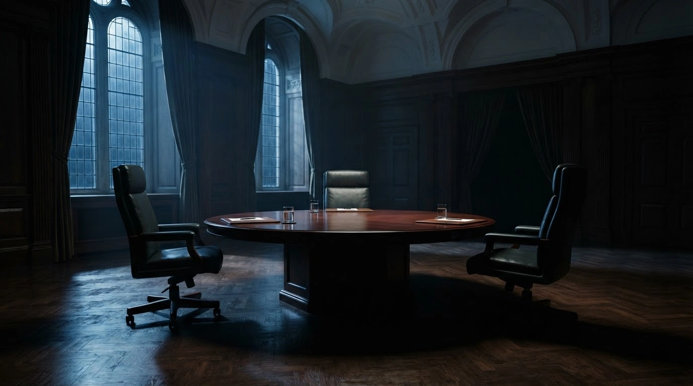 Three empty chairs are arranged around a circular table in a formal room, representing the potential trilateral peace summit between Ukraine, the United States, and the Russian Federation.