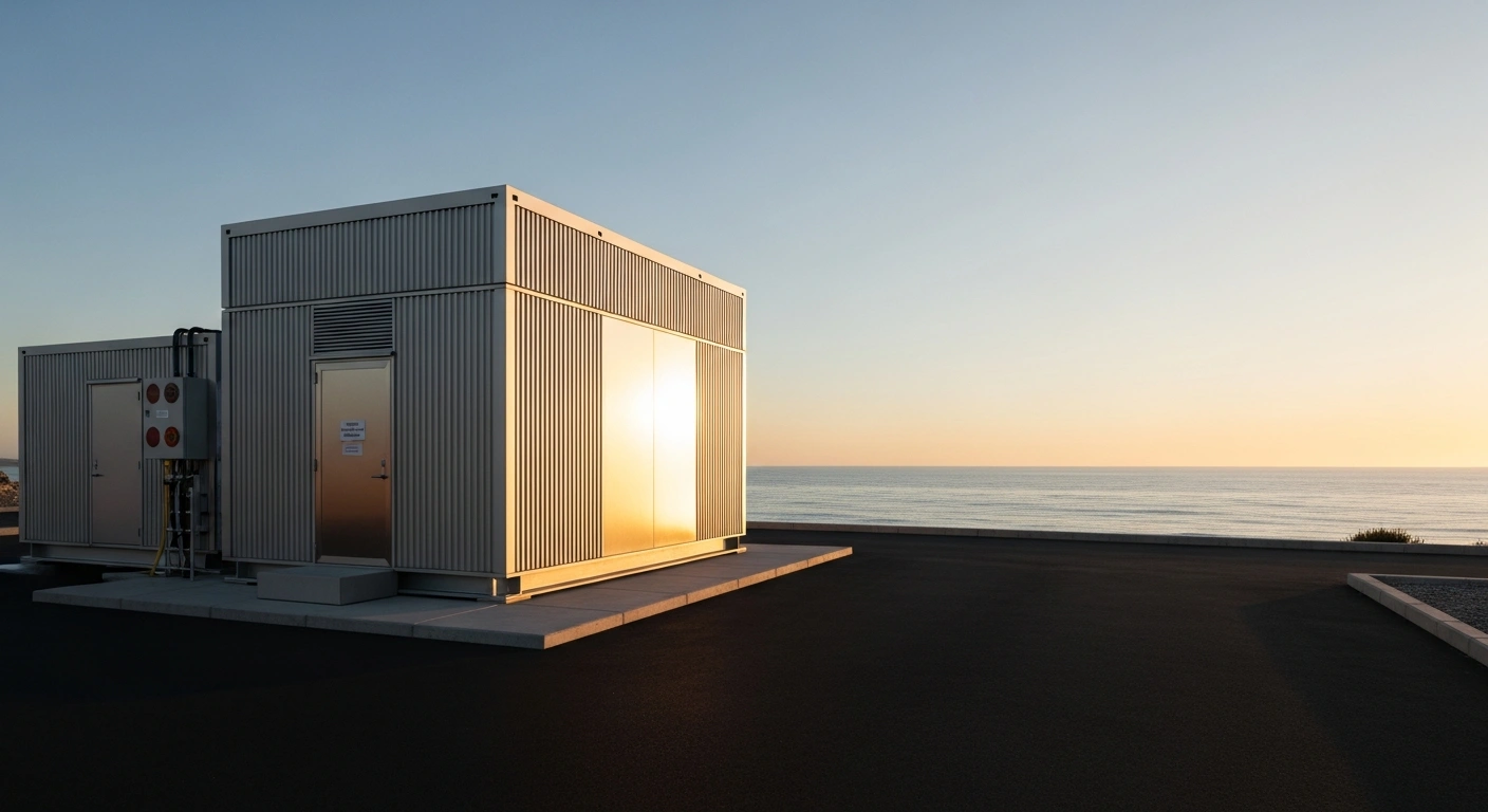 A modern small modular reactor facility stands on a coastal landscape as part of a trilateral energy partnership between the United States, Japan, and South Korea.