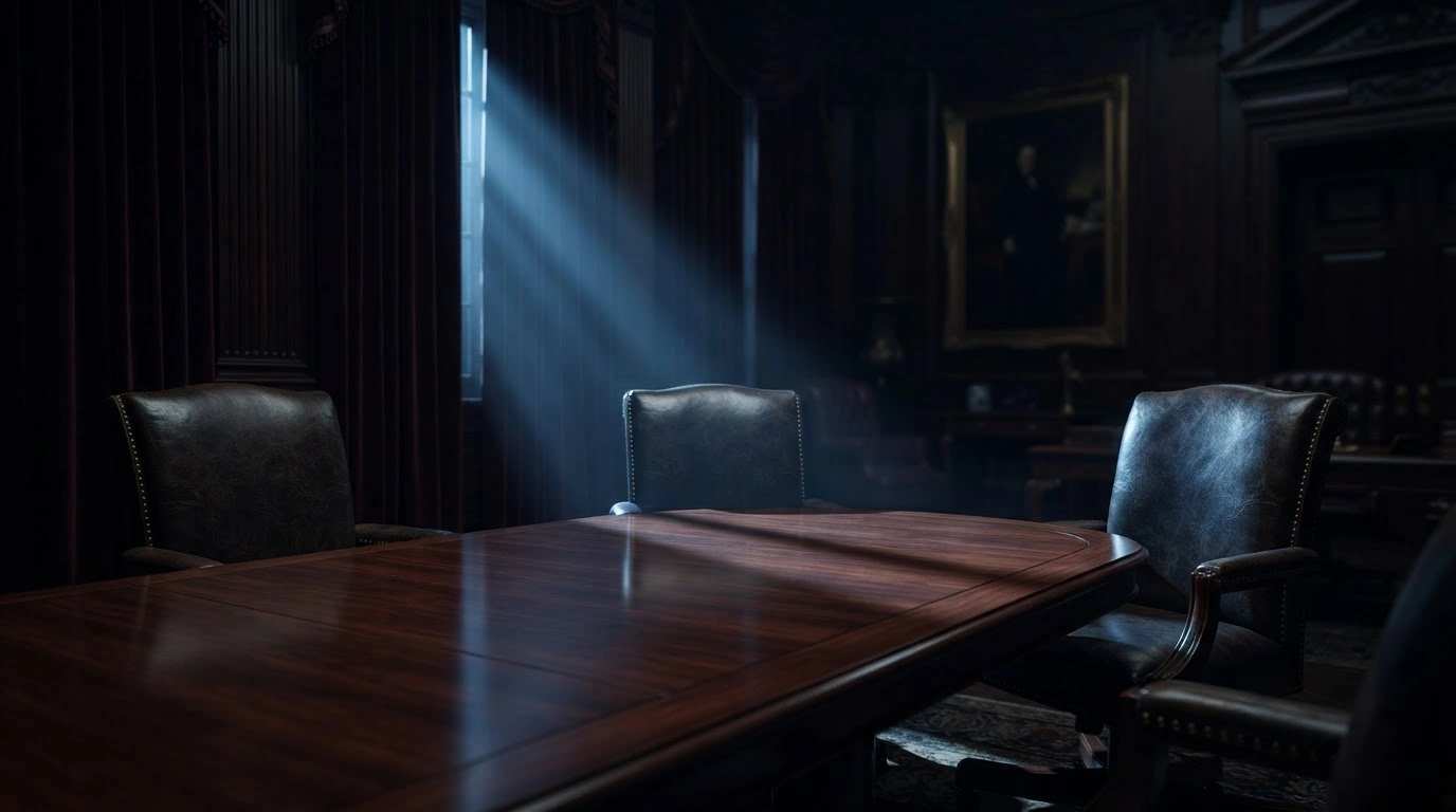 An empty conference table in a dark, formal room represents the potential trilateral summit between Vladimir Putin, Donald Trump, and Xi Jinping to discuss the war in Ukraine.