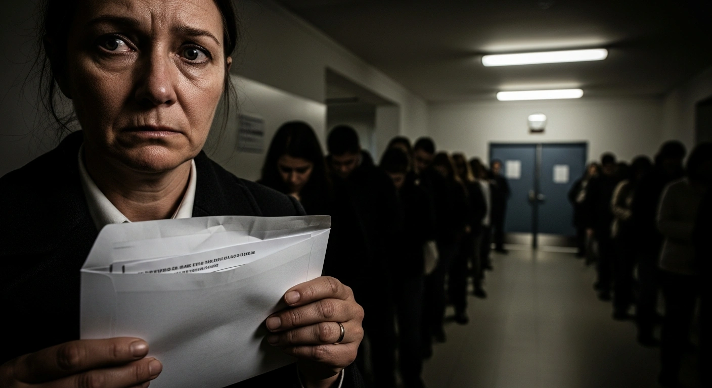 A weary public servant in Trinidad and Tobago stands in a dimly lit, crowded queue, clutching a document, while an imposing, closed office door looms in the background, symbolizing the ongoing complaints about backpay and unresponsive leadership.