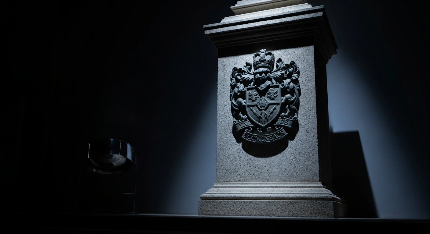 A dramatically lit, ornate Trinidad and Tobago Coat of Arms stands on a stone pedestal, with a subtly visible steelpan instrument in the shadows, symbolizing the government's extended use of the former emblem and the delayed implementation of a new one featuring the steelpan.