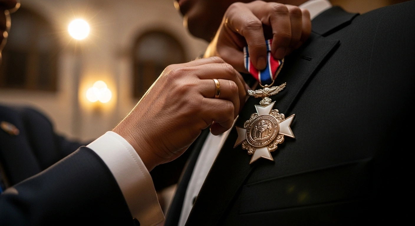 A close-up shot of the Order of the Republic of Trinidad and Tobago (ORTT) medal being pinned onto a recipient's formal attire during a prestigious ceremony at Queen's Hall, honoring distinguished academics Professor Selwyn Cudjoe and Professor Kenneth Ramchand, and the late Hochoy Charles for their national contributions.
