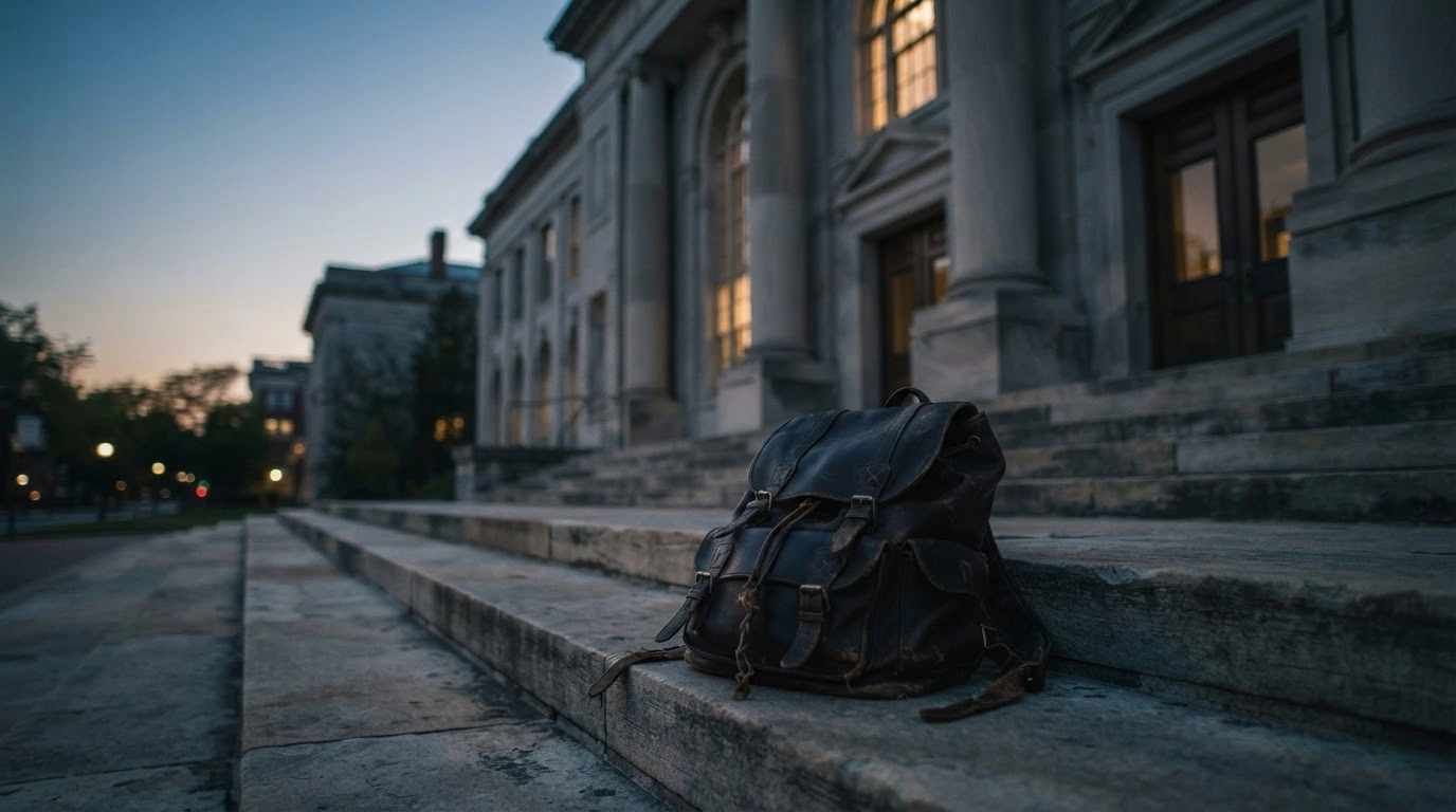 A solitary backpack sits on the steps of a university building, symbolizing the impact of terminated federal grants for TRIO education programs.