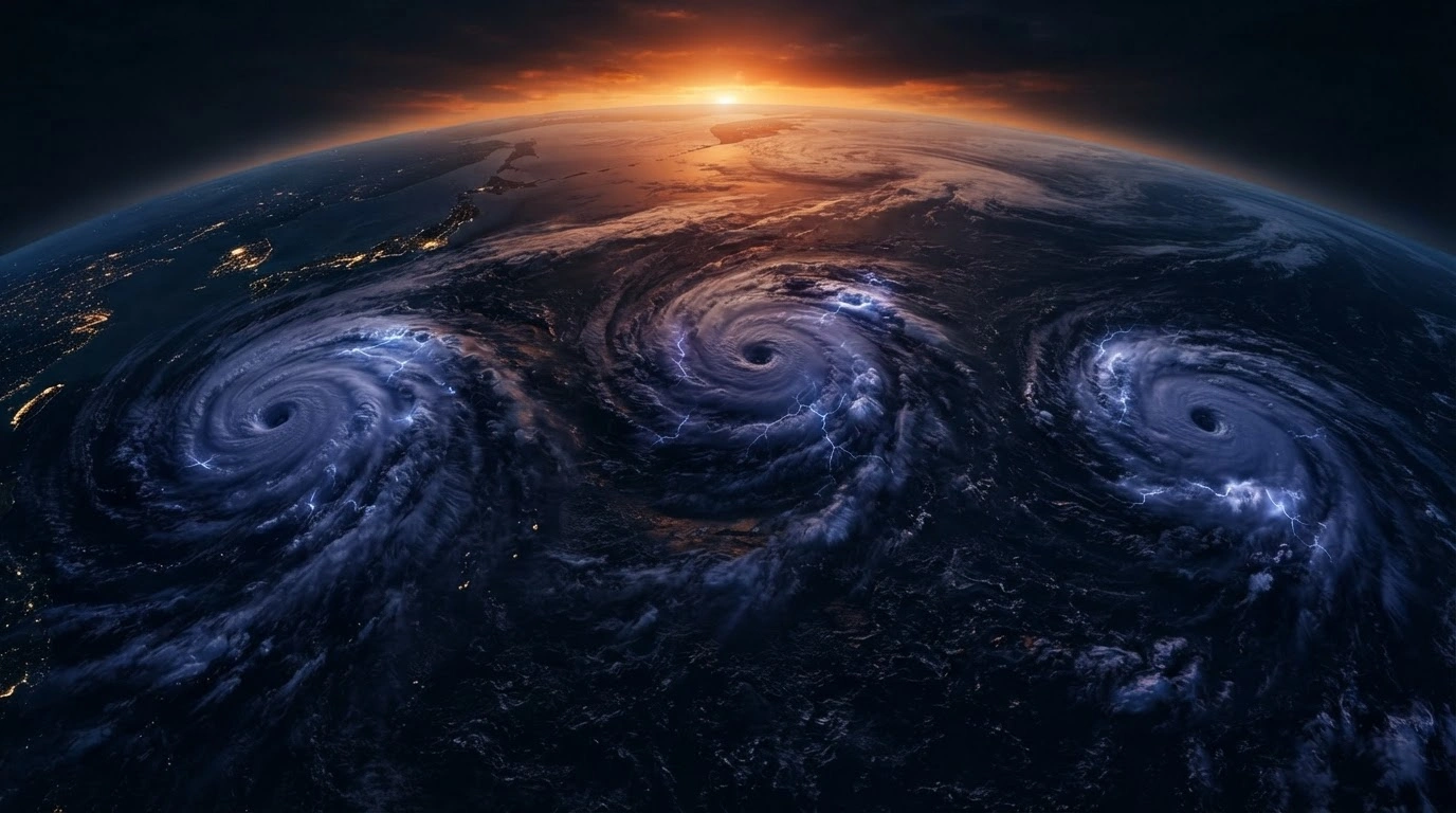 A satellite view shows three massive typhoons, including Choi-wan, Nolo, and Koguma, swirling across the Pacific Ocean toward the Ogasawara Islands.