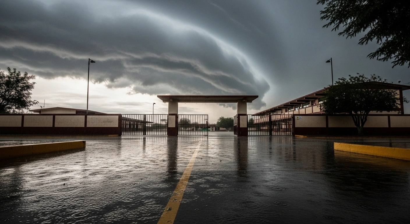 A deserted school courtyard in Mexico experiences heavy rainfall and potential flooding due to the arrival of Tropical Storm Boris.