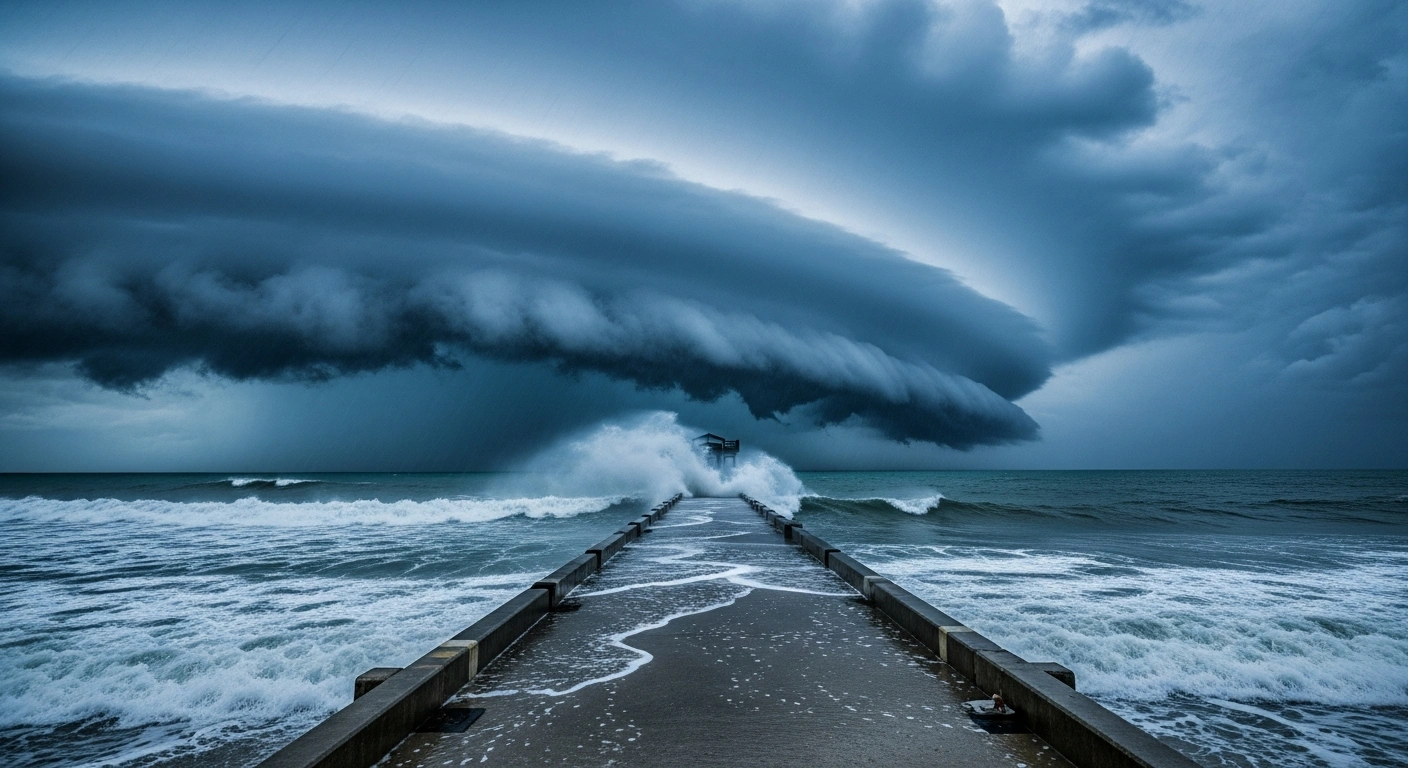 A turbulent tropical storm system approaches the Texas and Louisiana coastline, bringing heavy rain and rising sea levels to the Gulf of Mexico.