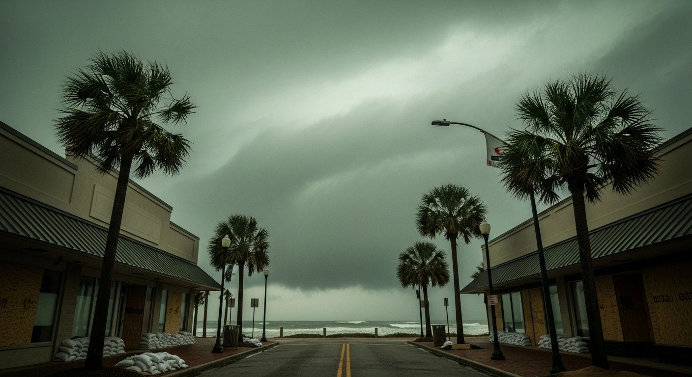 A dramatic, low-angle wide shot captures a deserted Southeast US coastal street preparing for the approaching Tropical Storm Imelda, with sandbags, boarded-up storefronts, and palm trees bending against a turbulent, dark ocean under an ominous sky, signifying the threat of dangerous wind, storm surge, and heavy rainfall.