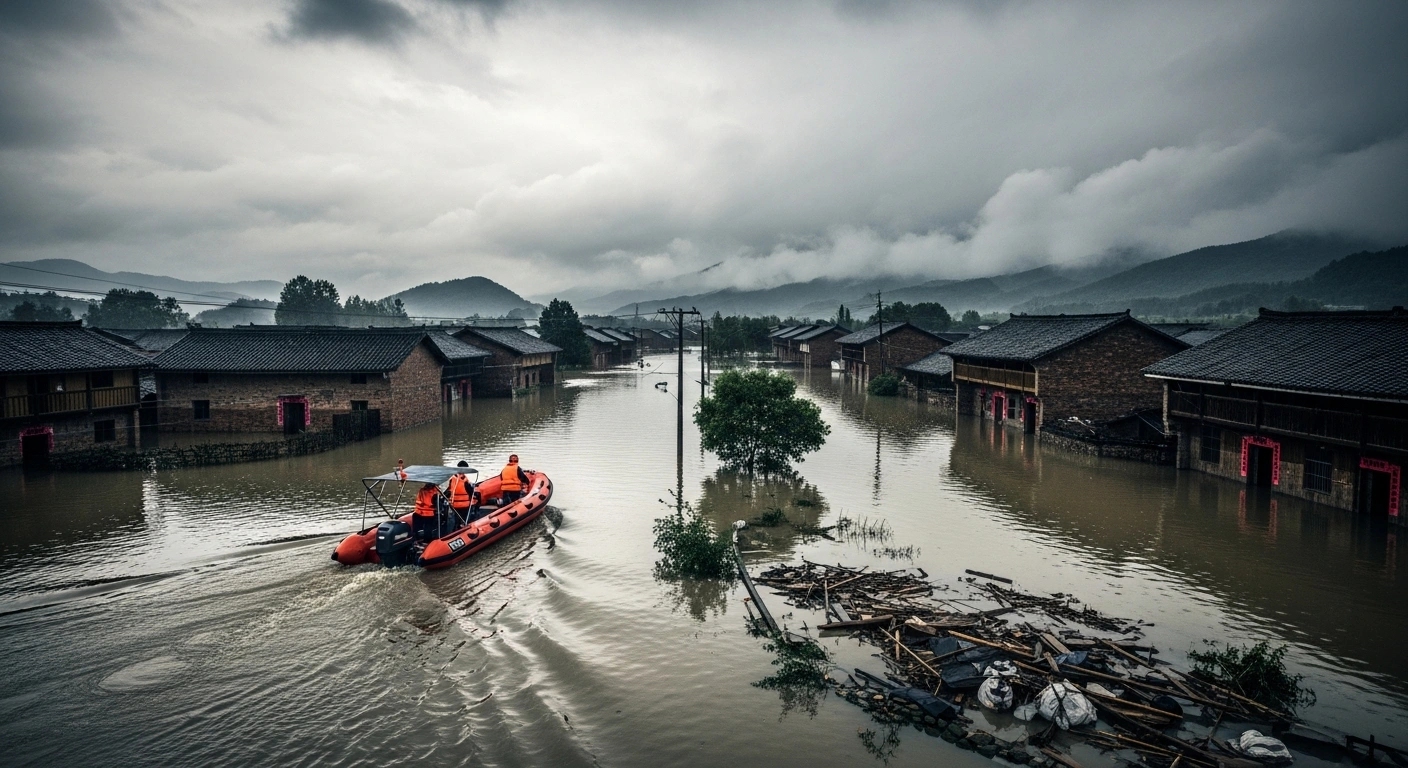 A rescue boat navigates through flooded streets in a Chinese village following the heavy rainfall and infrastructure damage caused by Tropical Storm Maysak.